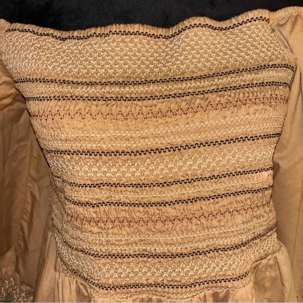 Old Navy Smocked Tan Puff Sleeve Fit Flare Off Shoulder Midi Dress Size L - Picture 4 of 9